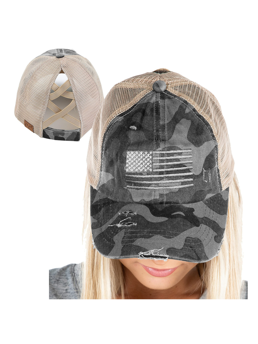 Criss Cross Ponytail Cap, Messy Bun | American Flag, Gray Camo W, Mesh | Size OS